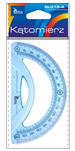 Niebieski kątomierz z przezroczystego tworzywa z wyraźną skalą